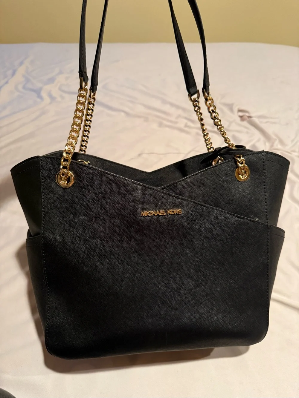 Michael Kors Black Saffiano Leather Tote with Gold Chain Straps